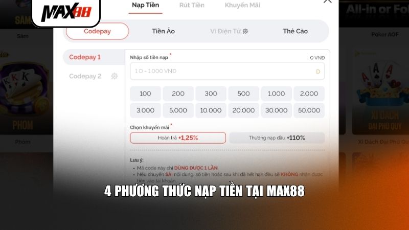 4 phương thức nạp tiền tại Max88